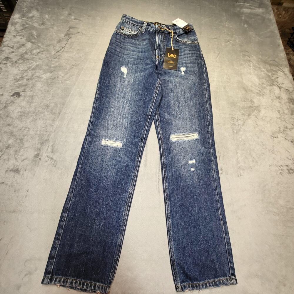 Lee Jeans Womens 25 Blue Straight High Rise Ankle Distressed 27 Inseam